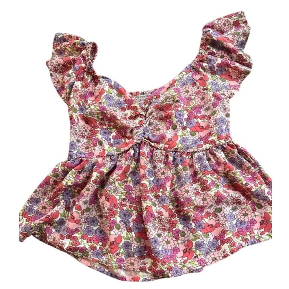 Soprano Floral Peplum Top Pink Purple Smocked Back Ruffle Sleeve Womens Medium